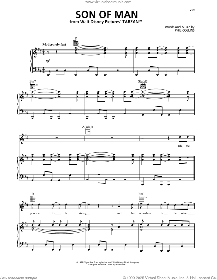 Son Of Man* (from Tarzan) sheet music for voice, piano or guitar by Phil Collins, intermediate skill level
