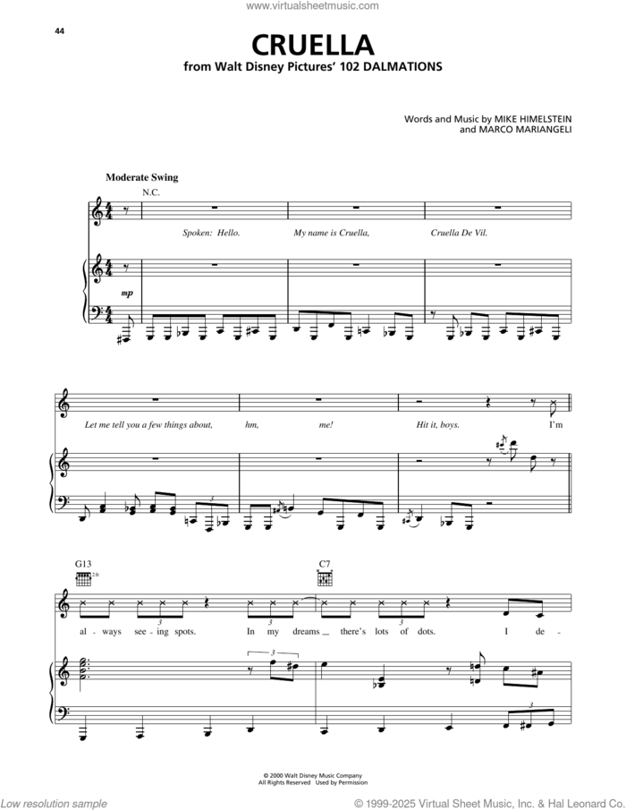 Cruella (from 101 Dalmatians) sheet music for voice, piano or guitar by Mike Himelstein and Marco Mariangeli, intermediate skill level