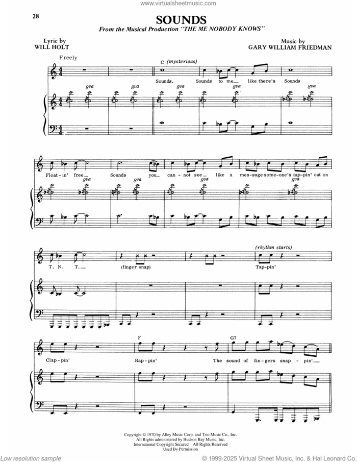 Sounds (from The Me Nobody Knows) sheet music for voice and piano by Will Holt and Gary William Friedman, intermediate skill level