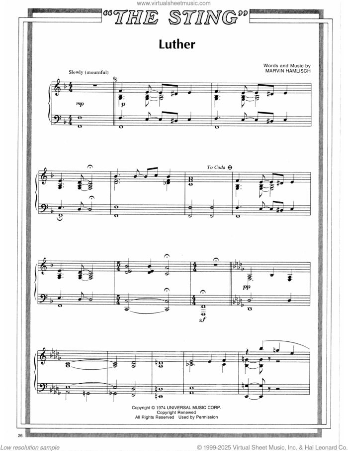 Luther (from The Sting) sheet music for piano solo by Scott Joplin and Marvin Hamlisch, intermediate skill level