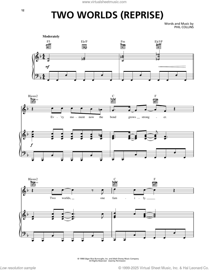 Two Worlds* (Reprise) (from Tarzan) sheet music for voice, piano or guitar by Phil Collins, intermediate skill level