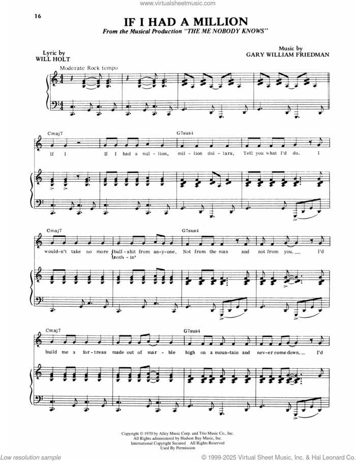 If I Had A Million (from The Me Nobody Knows) sheet music for voice and piano by Will Holt and Gary Friedman, intermediate skill level