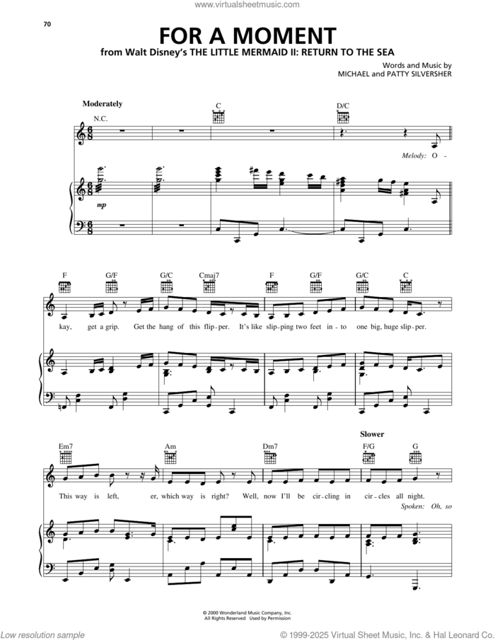 For A Moment (from The Little Mermaid II: Return To The Sea) sheet music for voice, piano or guitar by Michael Silversher and Patty Silversher, intermediate skill level