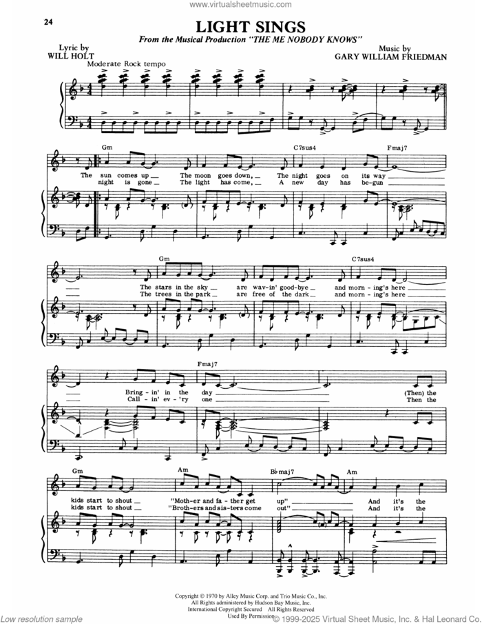 Light Sings (from The Me Nobody Knows) sheet music for voice and piano by Will Holt and Gary William Friedman, intermediate skill level