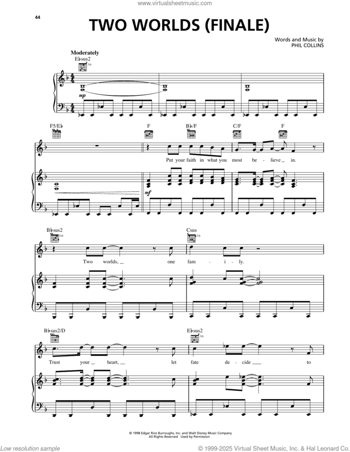 Two Worlds* (Finale) (from Tarzan) sheet music for voice, piano or guitar by Phil Collins, intermediate skill level