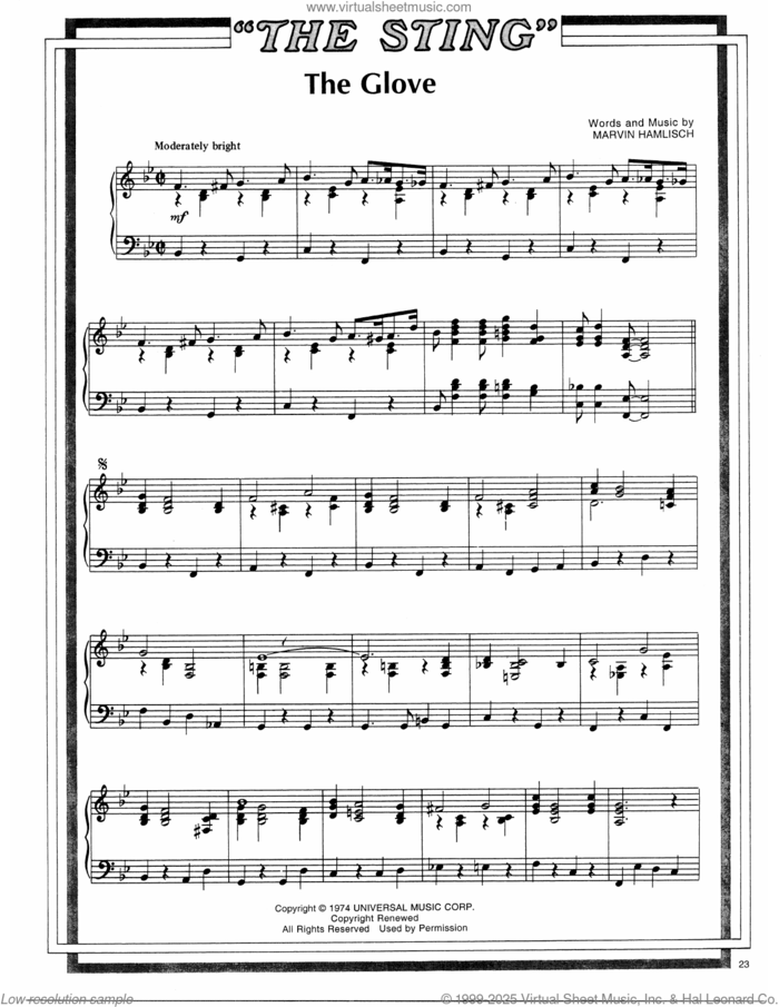 The Glove (from The Sting) sheet music for piano solo by Scott Joplin and Marvin Hamlisch, intermediate skill level