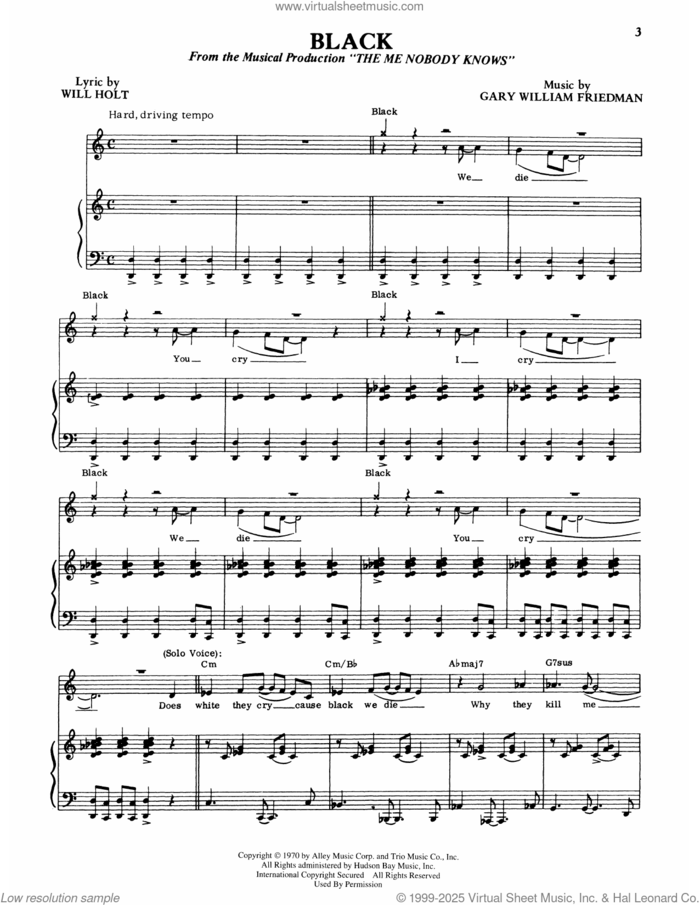 Black (from The Me Nobody Knows) sheet music for voice and piano by Will Holt and Gary William Friedman, intermediate skill level
