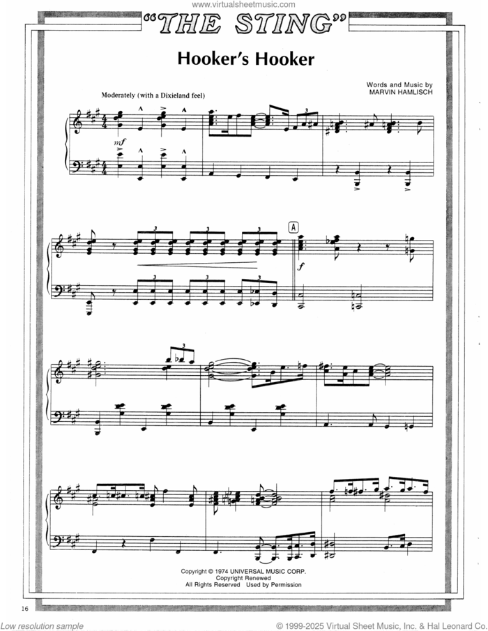 Hooker's Hooker (from The Sting) sheet music for piano solo by Scott Joplin and Marvin Hamlisch, intermediate skill level