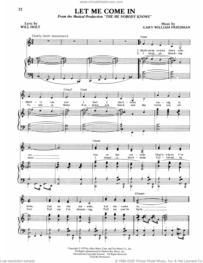 Let Me Come In (from The Me Nobody Knows) sheet music for voice and piano by Will Holt and Gary William Friedman, intermediate skill level