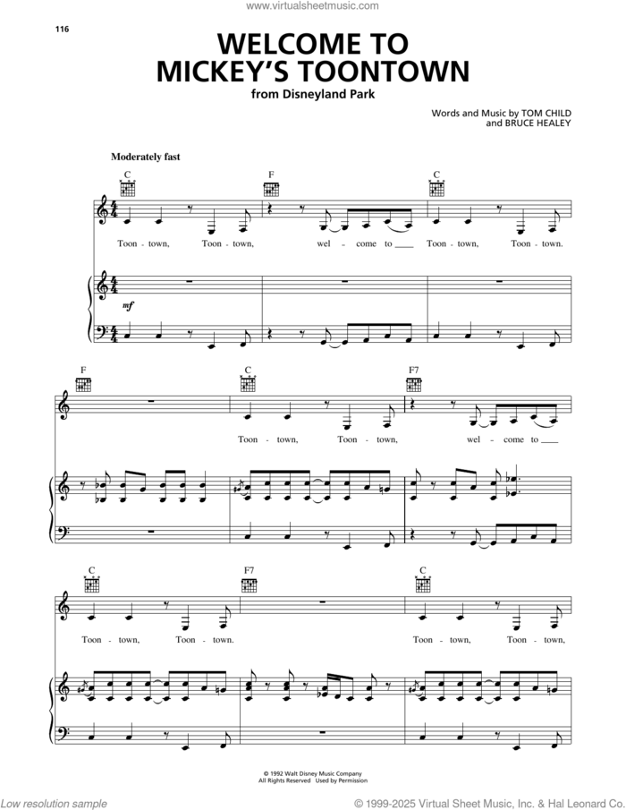 Welcome To Mickey's Toontown sheet music for voice, piano or guitar by Tom Child and Bruce Healey, intermediate skill level