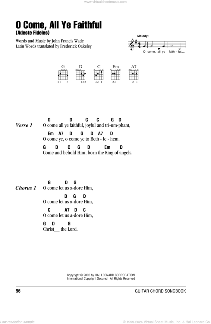 O Come, All Ye Faithful (Adeste Fideles) sheet music for guitar (chords) by John Francis Wade and Frederick Oakeley, intermediate skill level