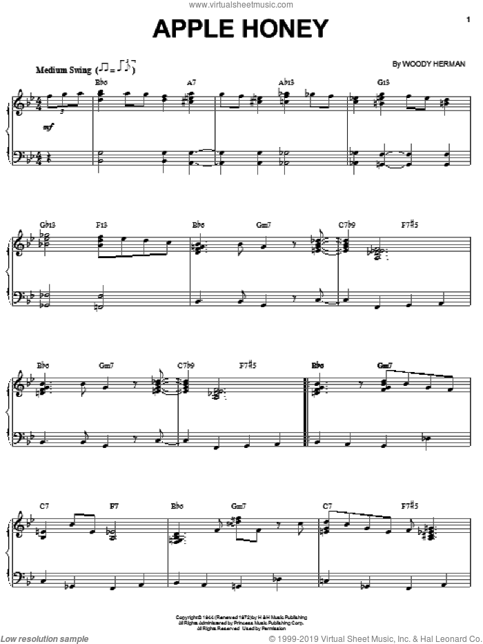 Apple Honey sheet music for voice, piano or guitar by Woody Herman, intermediate skill level