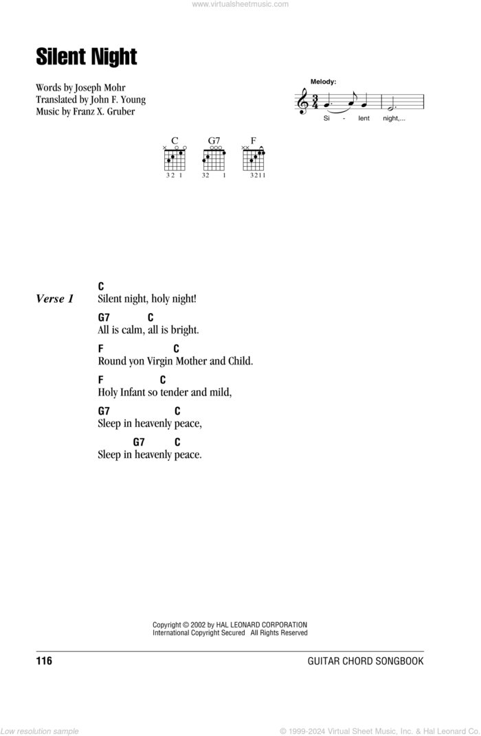 Silent Night sheet music for guitar (chords) by Joseph Mohr, Franz Gruber and John F. Young, intermediate skill level