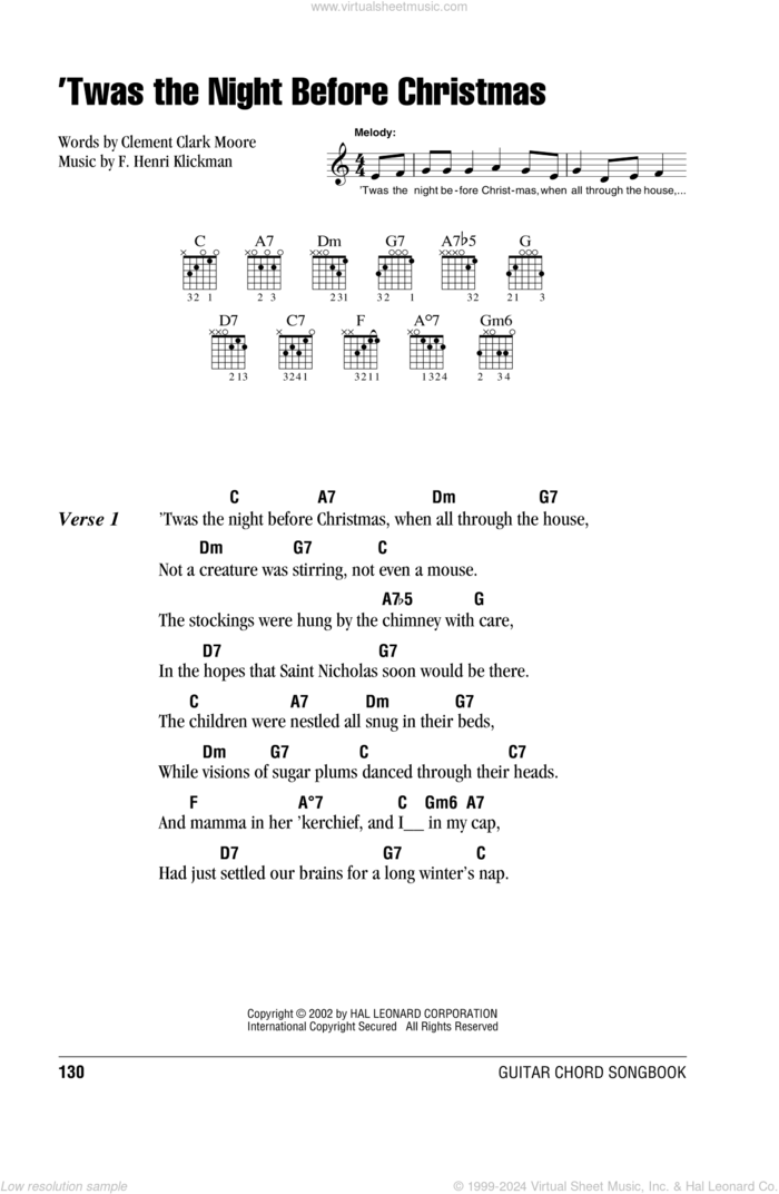 'Twas The Night Before Christmas sheet music for guitar (chords) by Clement Clark Moore and F. Henri Klickman, intermediate skill level