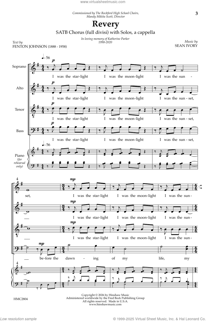 Revery sheet music for choir (SATB: soprano, alto, tenor, bass) by Sean Ivory and Fenton Johnson, intermediate skill level
