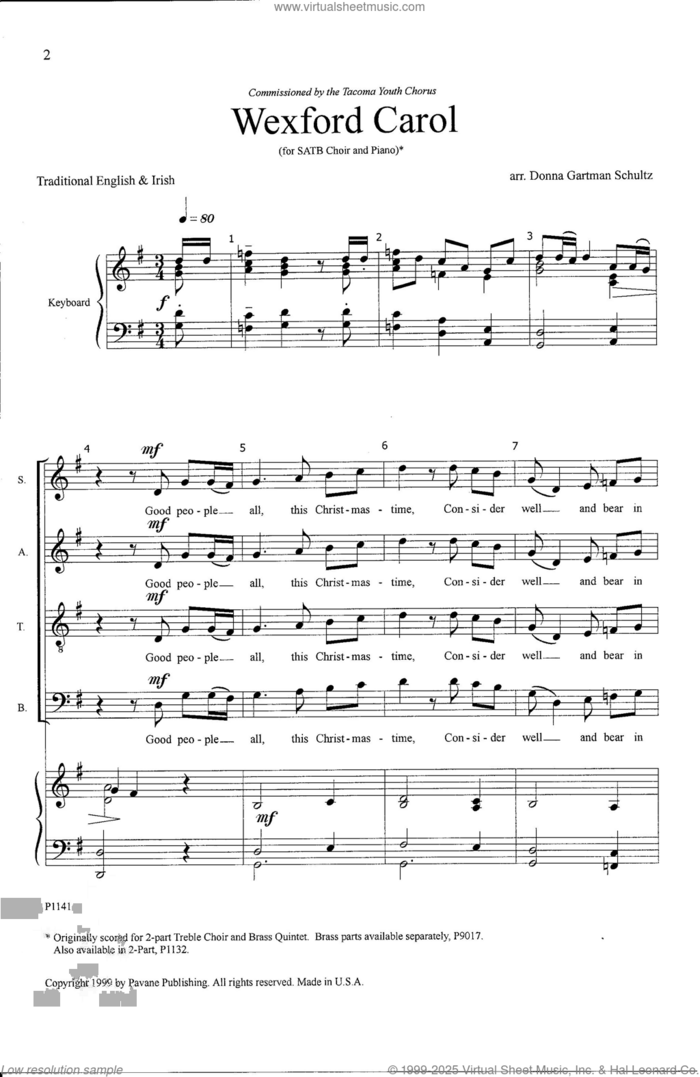 Wexford Carol sheet music for choir (SATB: soprano, alto, tenor, bass) by Donna Gartman Schultz, classical score, intermediate skill level