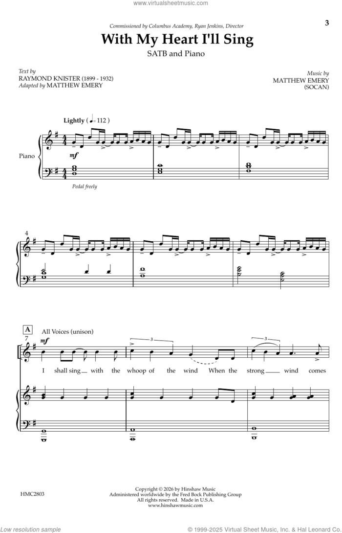 With My Heart I'll Sing sheet music for choir (SATB: soprano, alto, tenor, bass) by Matthew Emery and Raymond Knister, intermediate skill level