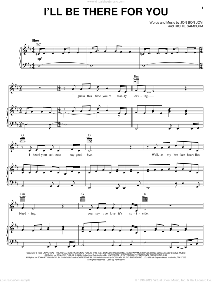 I'll Be There For You sheet music for voice, piano or guitar by Bon Jovi and Richie Sambora, wedding score, intermediate skill level