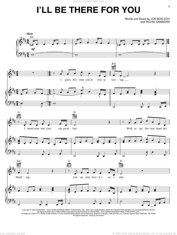 I'll Be There For You sheet music for voice, piano or guitar by Bon Jovi and Richie Sambora, wedding score, intermediate skill level