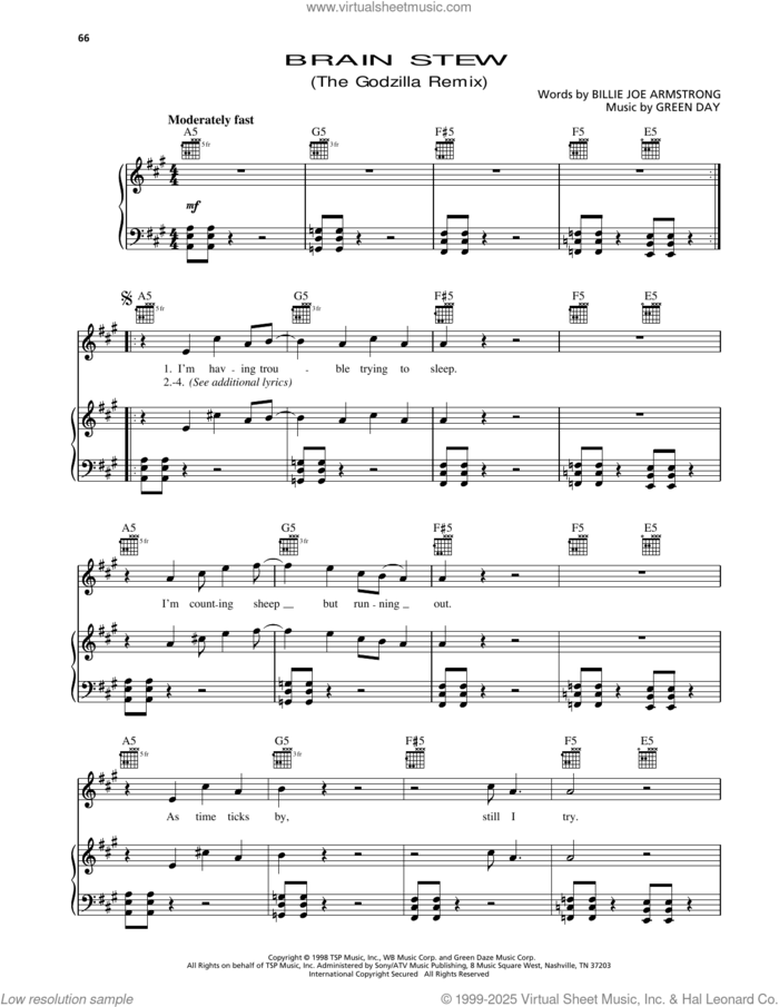 Brain Stew (The Godzilla Remix) (from Godzilla) sheet music for voice, piano or guitar by Green Day and Billie Joe Armstrong, intermediate skill level