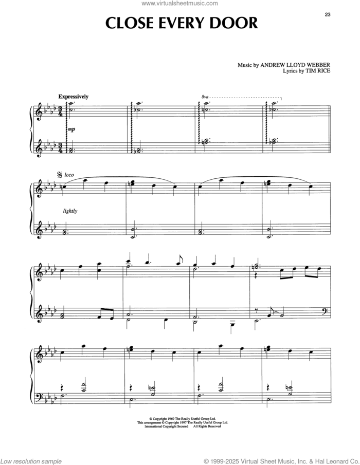 Close Every Door (from Joseph And The Amazing Technicolor Dreamcoat) sheet music for piano solo by Tim Rice and Andrew Lloyd Webber, intermediate skill level