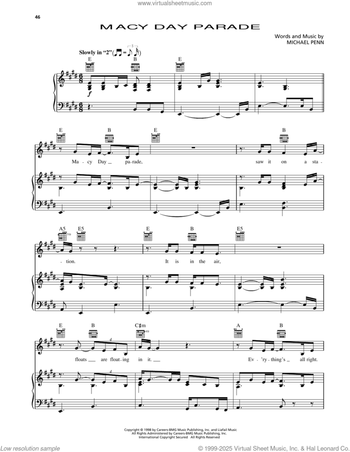 Macy Day Parade (from Godzilla) sheet music for voice, piano or guitar by Michael Penn, intermediate skill level