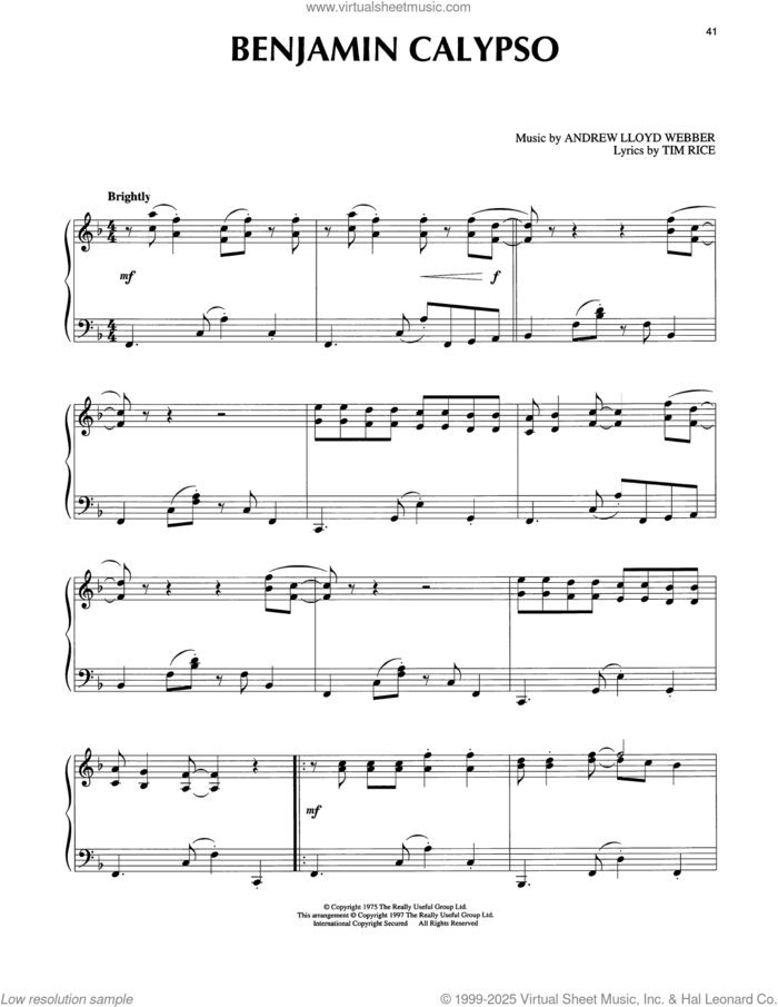 Benjamin Calypso (from Joseph And The Amazing Technicolor Dreamcoat) sheet music for piano solo by Andrew Lloyd Webber and Tim Rice, intermediate skill level