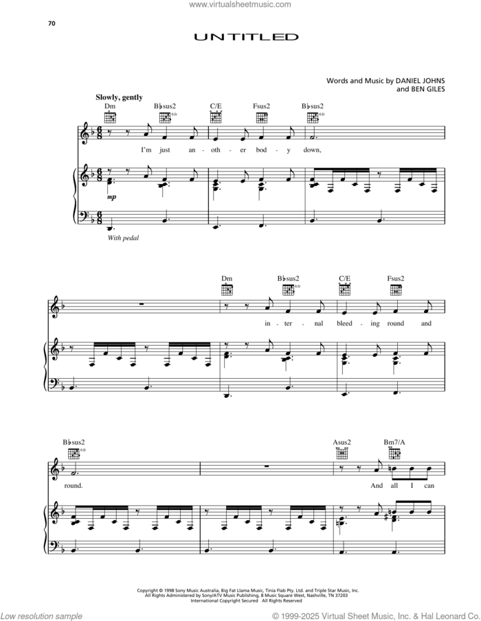 Untitled (from Godzilla) sheet music for voice, piano or guitar by Silverchair, Ben Giles and Daniel Johns, intermediate skill level