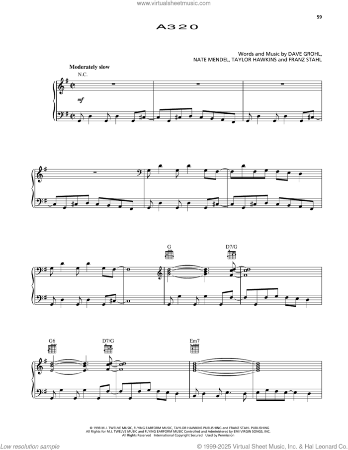 A 320 (from Godzilla) sheet music for voice, piano or guitar by Foo Fighters, Dave Grohl, Franz Stahl, Nate Mendel and Taylor Hawkins, intermediate skill level