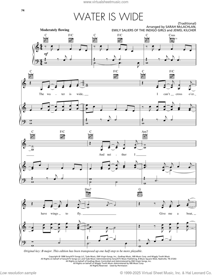 Water Is Wide sheet music for voice, piano or guitar by Jewel and Sarah McLachlan, & Indigo Girls, Emily Saliers, Jewel Kilcher and Sarah McLachlan, intermediate skill level