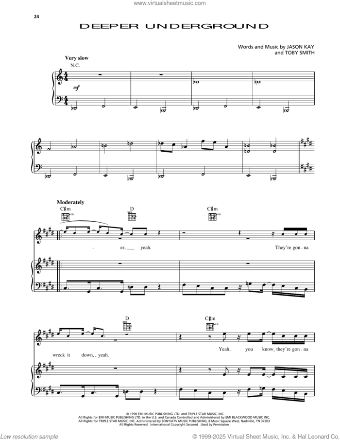 Deeper Underground (from Godzilla) sheet music for voice, piano or guitar by Jamiroquai, Derrick McKenzie, Jason Kay, Simon Katz, Stuart Zender and Toby Smith, intermediate skill level