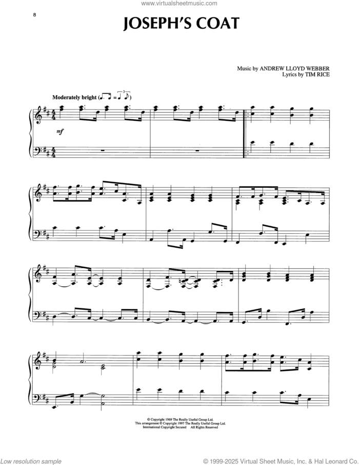 Joseph's Coat (from Joseph And The Amazing Technicolor Dreamcoat) sheet music for piano solo by Tim Rice and Andrew Lloyd Webber, intermediate skill level