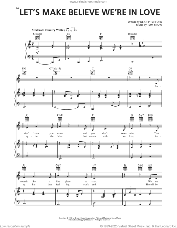 Let's Make Believe We're In Love (from Footloose) sheet music for voice, piano or guitar by Dean Pitchford and Tom Snow, intermediate skill level