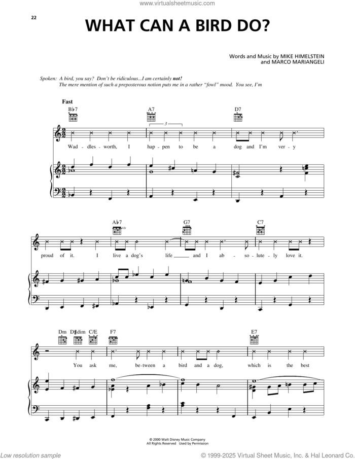 What Can A Bird Do? (from 102 Dalmatians) sheet music for voice, piano or guitar by Mike Himelstein and Marco Mariangeli, intermediate skill level