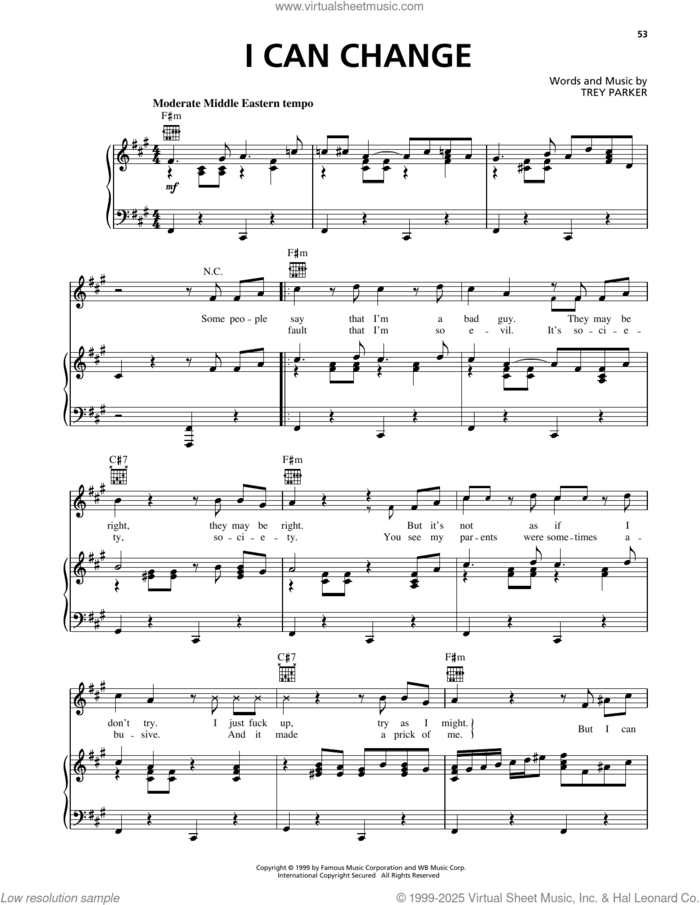 I Can Change (from South Park) sheet music for voice, piano or guitar by Trey Parker, intermediate skill level