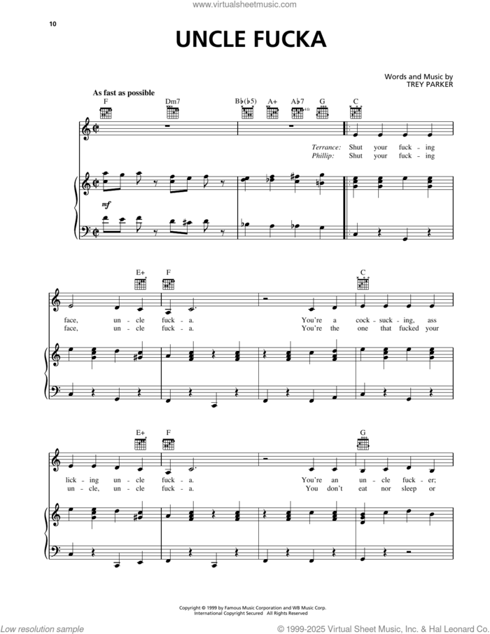 Uncle Fucka (from South Park) sheet music for voice, piano or guitar by Trey Parker, intermediate skill level