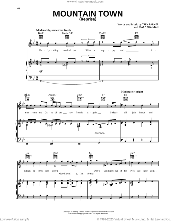 Mountain Town (Reprise) (from South Park) sheet music for voice, piano or guitar by Trey Parker and Marc Shaiman, intermediate skill level