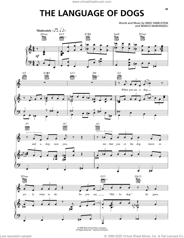 The Language Of Dogs (from 102 Dalmatians) sheet music for voice, piano or guitar by Mike Himelstein and Marco Mariangeli, intermediate skill level