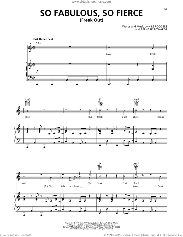 So Fabulous, So Fierce (Freak Out) (from 102 Dalmatians) sheet music for voice, piano or guitar by Nile Rodgers and Bernard Edwards, intermediate skill level