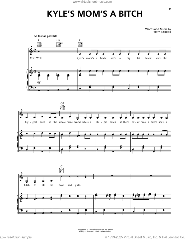 Kyle's Mom's A Bitch (from South Park) sheet music for voice, piano or guitar by Trey Parker, intermediate skill level