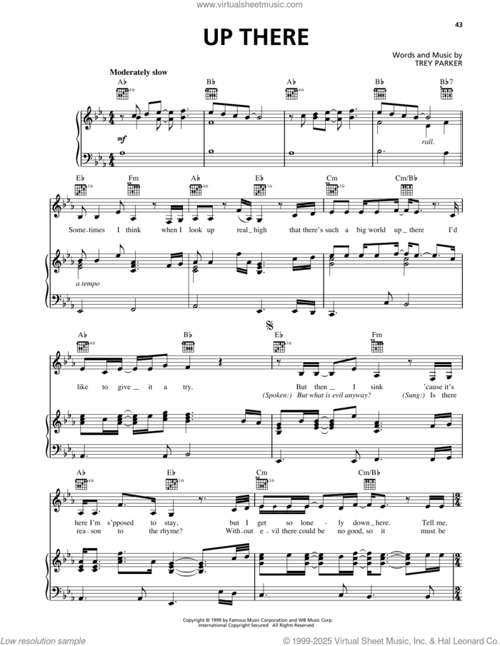 Up There (from South Park) sheet music for voice, piano or guitar by Trey Parker, intermediate skill level