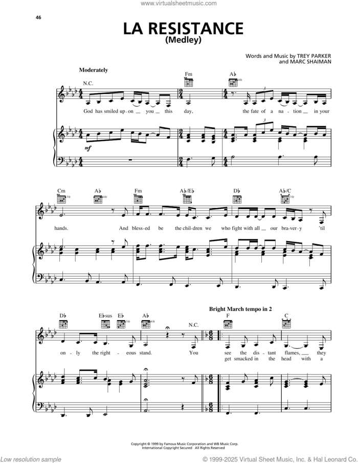 La Resistance (Medley) (from South Park) sheet music for voice, piano or guitar by Trey Parker and Marc Shaiman, intermediate skill level