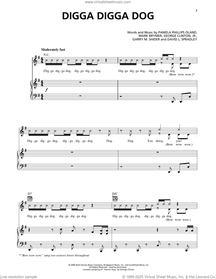 Digga Digga Dog (from 102 Dalmatians) sheet music for voice, piano or guitar by Pamela Phillips Oland, David L. Spradley, Garry M. Shider, George Clinton, Jr. and Mark Brymer, intermediate skill level