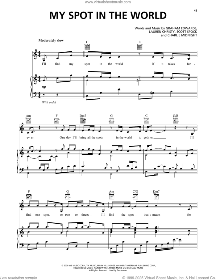 My Spot In The World (from 102 Dalmatians) sheet music for voice, piano or guitar by Graham Edwards, Charlie Midnight, Lauren Christy and Scott Spock, intermediate skill level