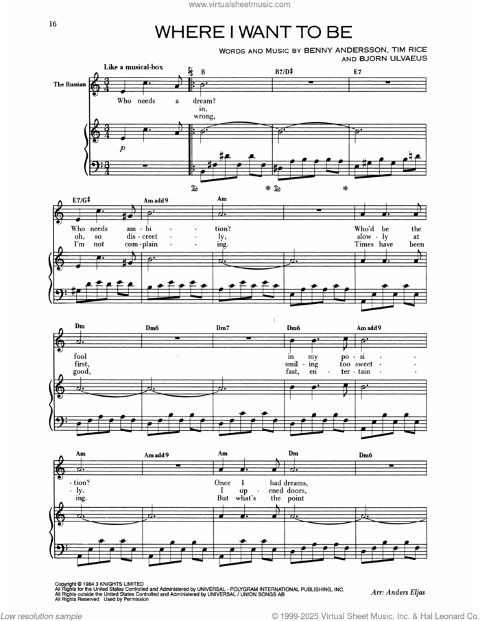Where I Want To Be (from Chess) sheet music for voice and piano by Benny Andersson, Bjorn Ulvaeus and Tim Rice, intermediate skill level