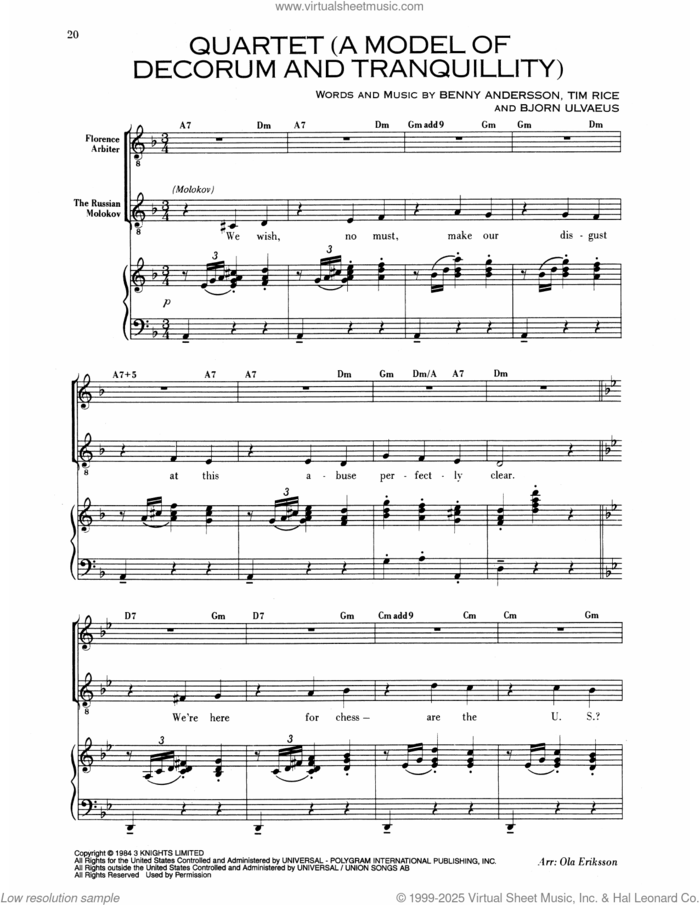 Quartet (A Model Of Decorum and Tranquility) (from Chess) sheet music for voice and piano by Benny Andersson, Bjorn Ulvaeus and Tim Rice, intermediate skill level