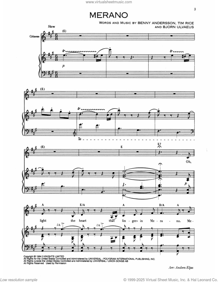 Merano (from Chess) sheet music for voice and piano by Benny Andersson, Bjorn Ulvaeus and Tim Rice, intermediate skill level