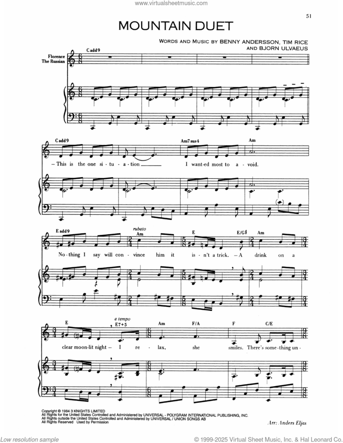 Mountain Duet (from Chess) sheet music for voice and piano by Benny Andersson, Bjorn Ulvaeus and Tim Rice, intermediate skill level