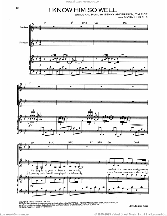 I Know Him So Well (from Chess) sheet music for voice and piano by Benny Andersson, Bjorn Ulvaeus and Tim Rice, intermediate skill level