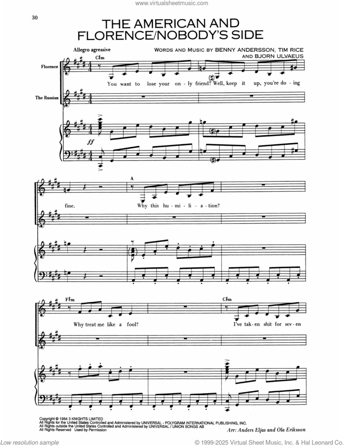 The American And Florence/Nobody's Side (from Chess) sheet music for voice and piano by Benny Andersson, Bjorn Ulvaeus and Tim Rice, intermediate skill level